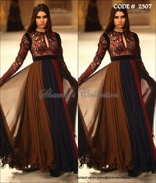 2307 Brown pleated anarkali gown