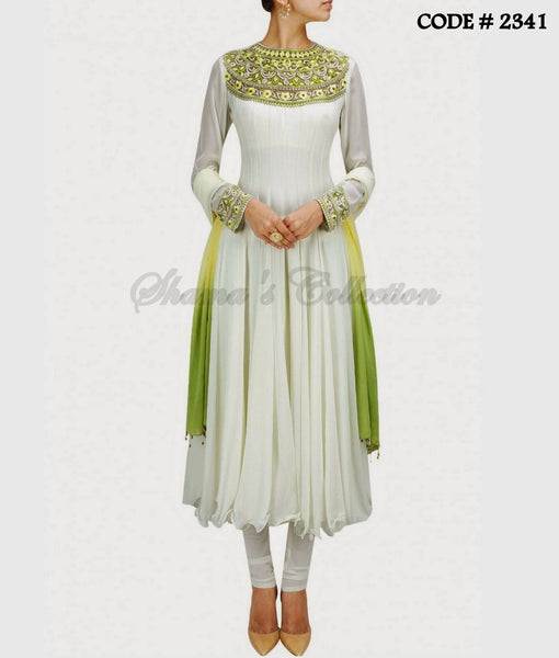 2341 White-green cleopatra neckline anarkali