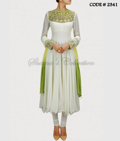 2341 White-green cleopatra neckline anarkali