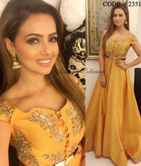 2351 Sana Khan's mustard off shoulder indo-western gown