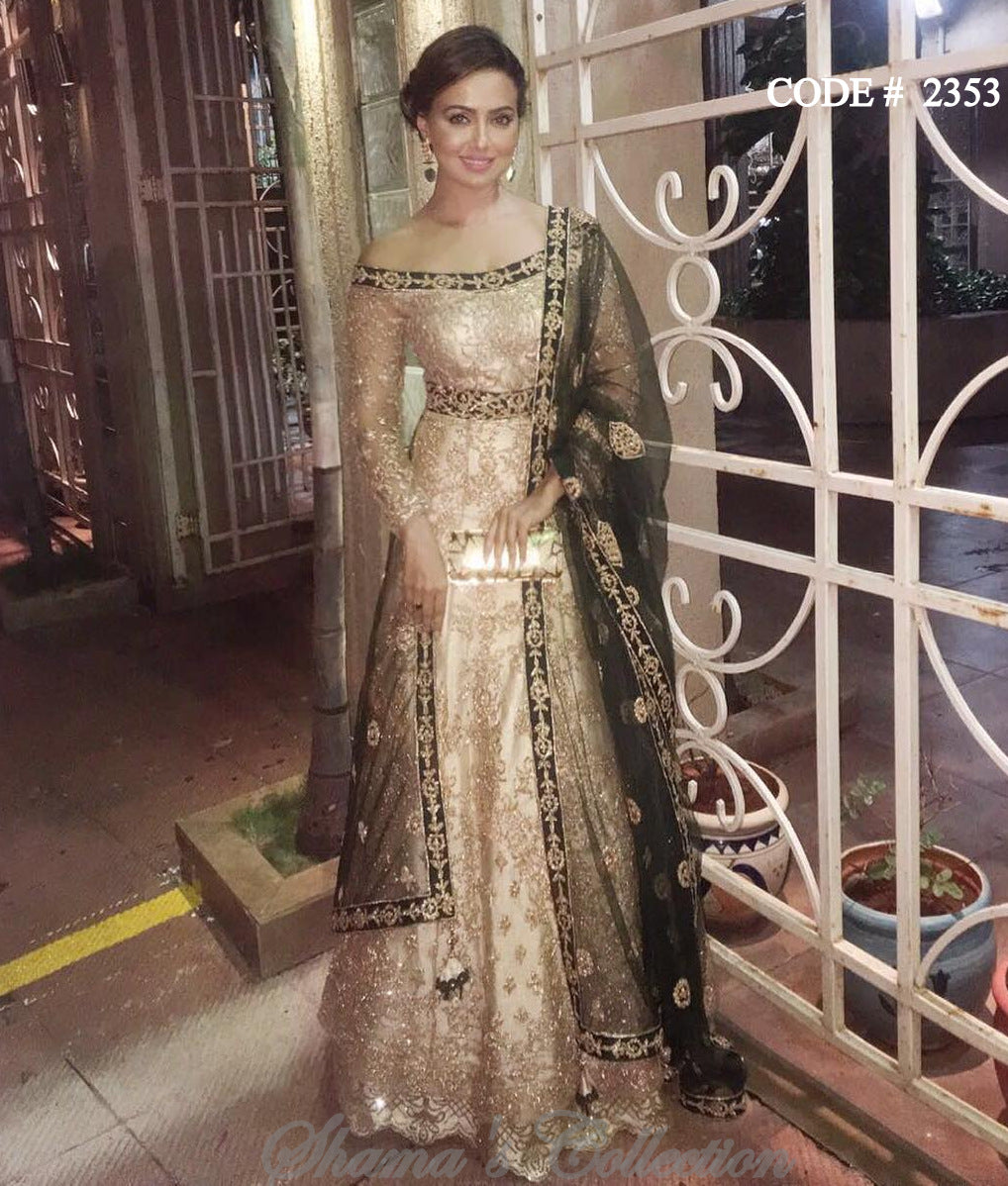 2353 Sana Khan golden-black off shoulder anarkali gown outfit set 2353 Sana Khan golden-black off shoulder anarkali gown outfit set