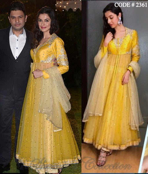 2361 Divya Khosla Kumar's yellow umbrella cut anarkali - (Anju Modi Inspired)