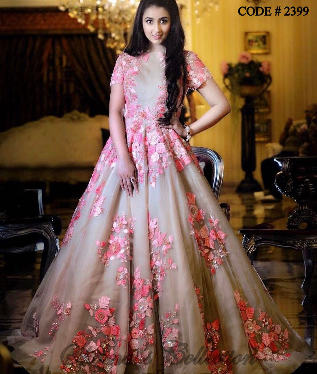 2399 Beige Pink Floral Gown  Shamas Collection