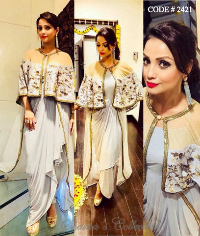 2421 Adaa Khan in Powder Blue Drape Dress With Cape