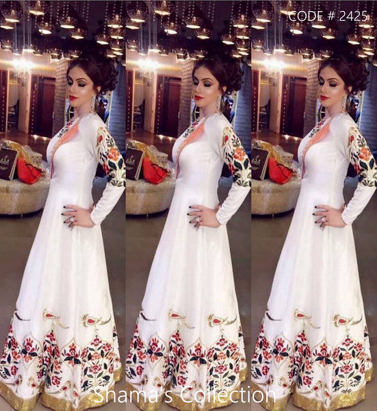 2425 White Anarkali Gown with Colorful Work