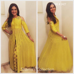 2427 Ridhima Pandit in Yellow Cold Shoulder Anarkali with Parallel Pants
