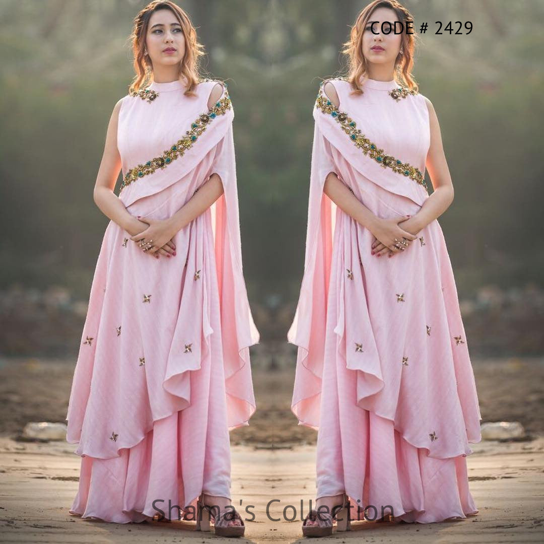 2429 Pink One Shoulder Cape Gown outfit set