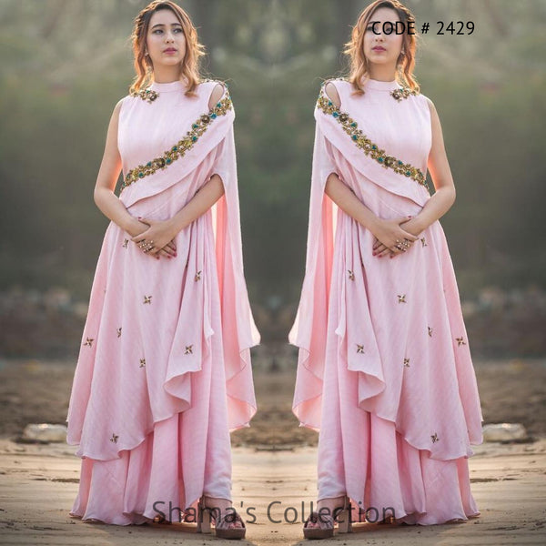 2429 Pink One Shoulder Cape Gown