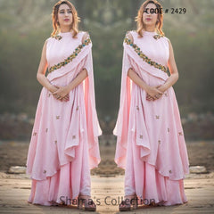 2429 Pink One Shoulder Cape Gown