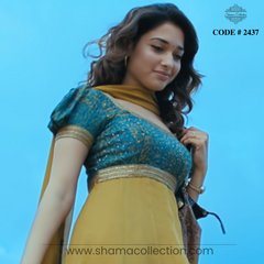 2437 Tamanna Bhatia Mustard Blue Anarkali inspired from Paiya - Thuli Thuli