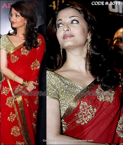 3017 Aishwarya Rai Bachchan's red and gold sequin saree