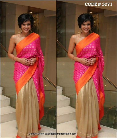3071 Mandira Bedi's orange-pink-gold saree