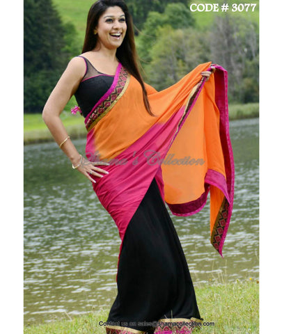 3077 Black-orange-pink saree
