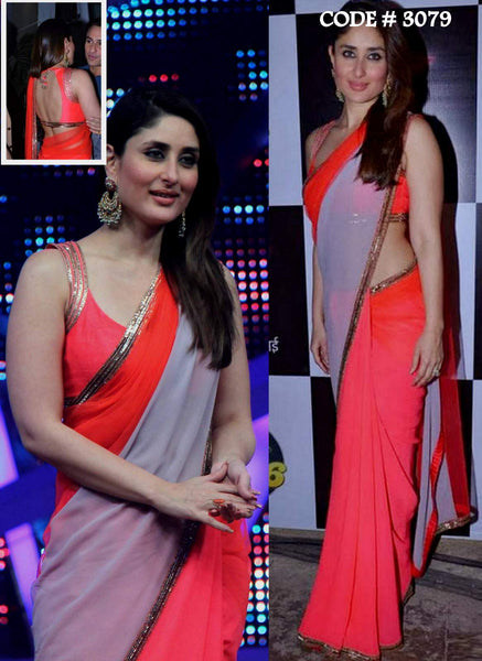 3079 Kareena Kapoor's grey-coral pink-red saree