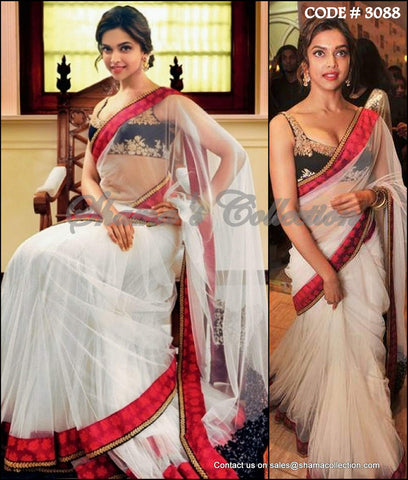 3088 Deepika Padukone's white-red-black lehenga saree