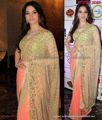 3089 Tamanna Bhatia's nude-peach blush-green saree