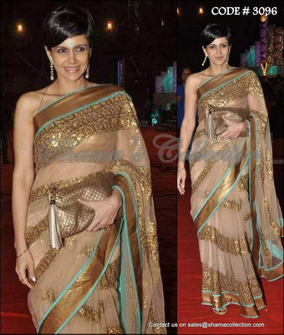 3096 Mandira Bedi's gold-turquoise saree