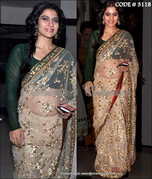 3118 Kajol's beige-bottle green saree
