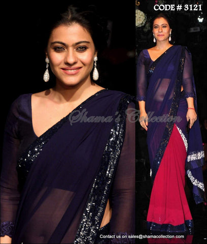 3121 Kajol's blue maroon half and half saree