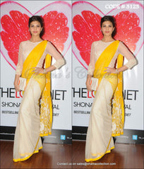 3123 Jacqueline Fernandez's off white-yellow saree