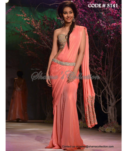 3141 Coral peach saree gown