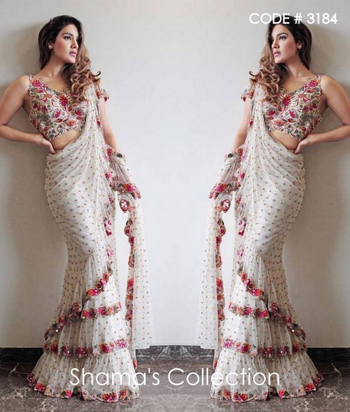 3184 White Sequin Ruffle Saree with Colorful Embroidery