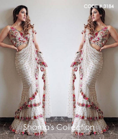 3184 White Sequin Ruffle Saree with Colorful Embroidery