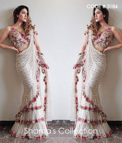 3184 White Sequin Ruffle Saree with Colorful Embroidery