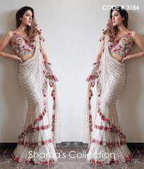 3184 White Sequin Ruffle Saree with Colorful Embroidery