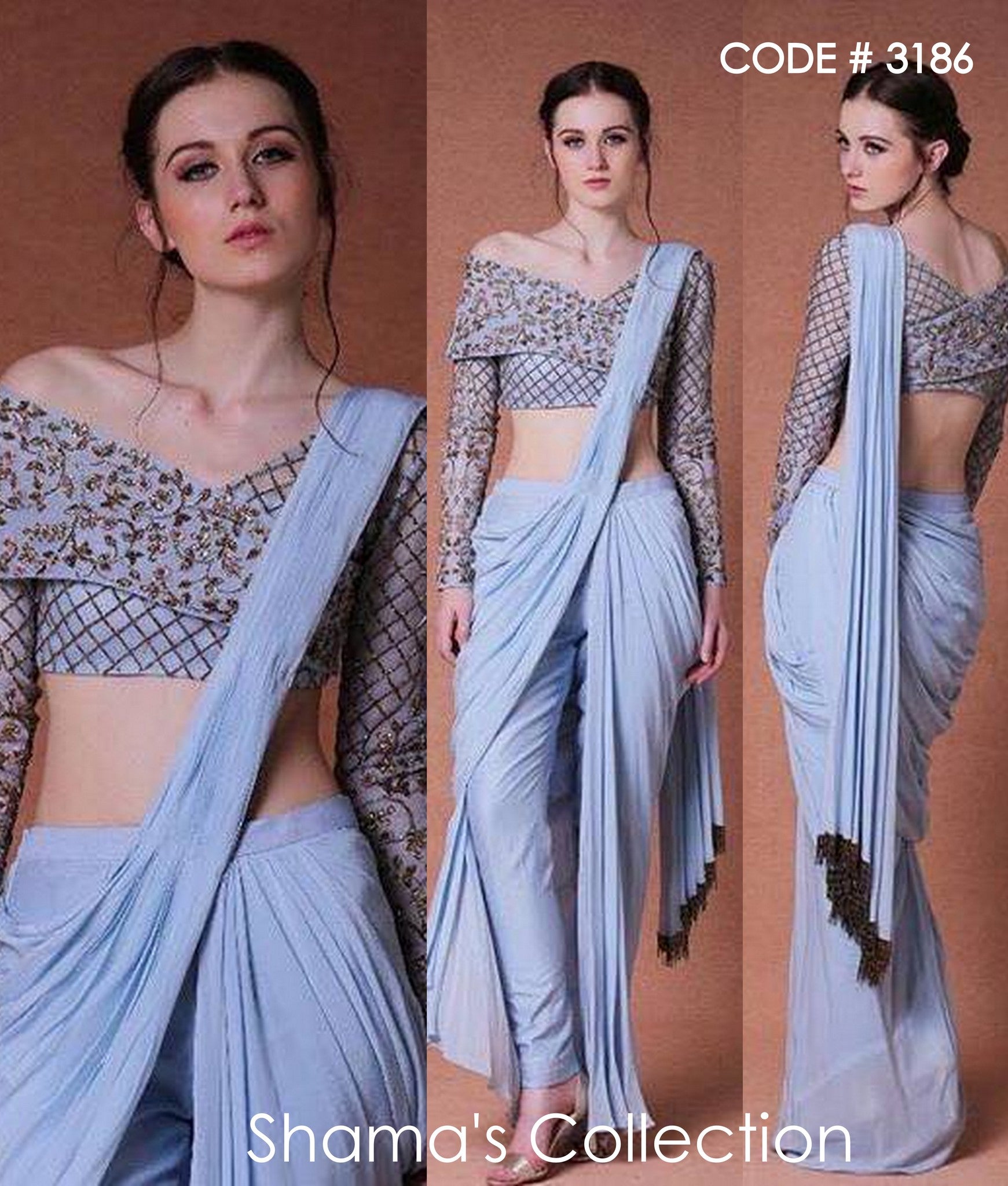 Cream blush peach draped saree gown in net and georgette buy in New Delhi