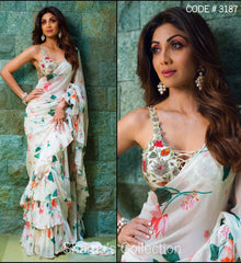 3187 Shilpa Shetty's Printed Off White Ruffle Saree