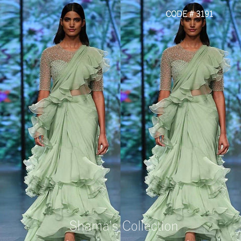 3191 Pista Ruffle Saree Gown