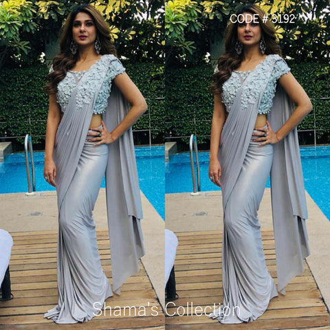 3192 Jennifer Winget's Stitched Grey Saree with White Work