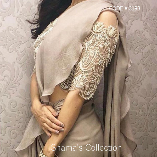 3193 Taupe Ruffle Saree with Heavy Blouse