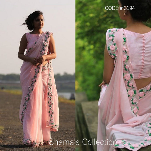 3194 Pink Saree with Ribbon work