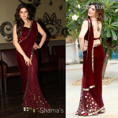 3195 Zarine Khan's Maroon Velvet Saree