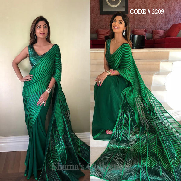 3209 Shilpa Shetty's Peacock Inspired Emerald Green Saree Gown