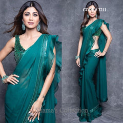 3211 Shilpa Shetty's Emerald Green Ruffle Saree With Fringe Blouse