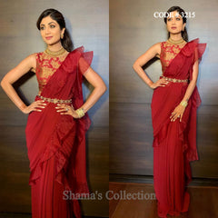 3215 Shilpa Shetty's Maroon Belted Ruffle Saree