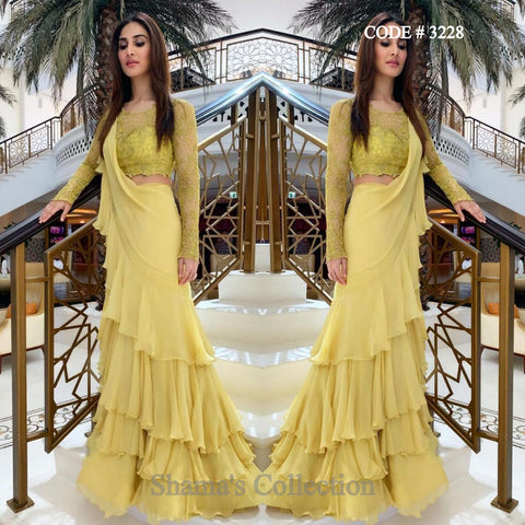 3228 Vani Kapoor's Greenish Yellow Ruffle Saree Gown