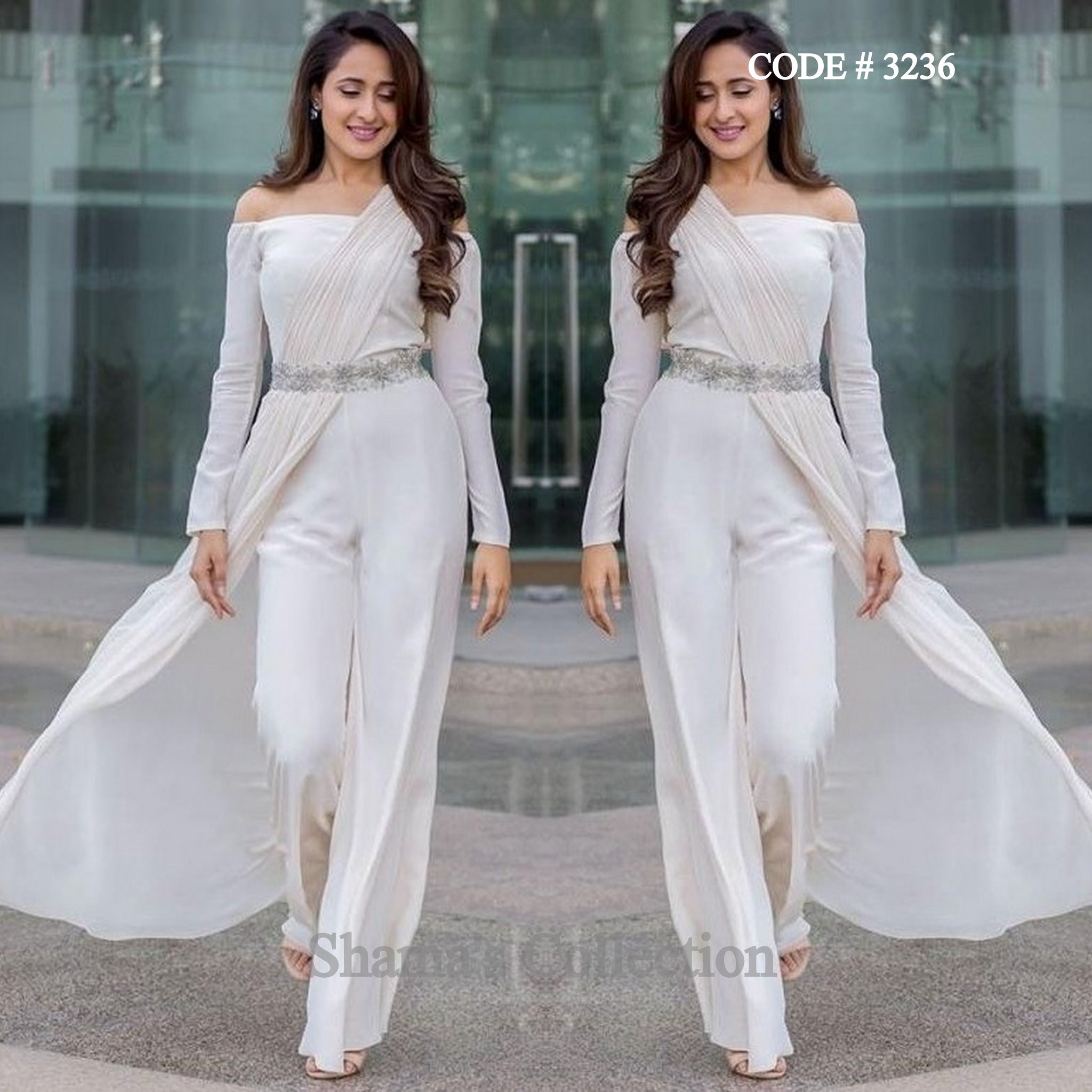 3236 Pragya Jaiswal's White Off the Shoulder Palazzo/ Jumpsuit Saree –  Shama's Collection