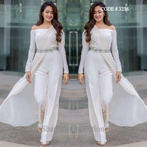 3236 Pragya Jaiswal's White Off the Shoulder Palazzo/ Jumpsuit Saree