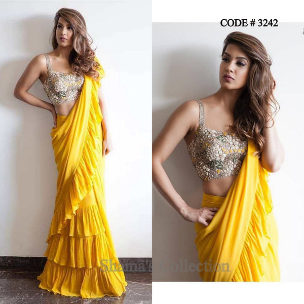 3242 Arpita Mehta Inspired Yellow Ruffle Saree