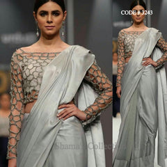 3243 Silver Saree With Cutwork Blouse