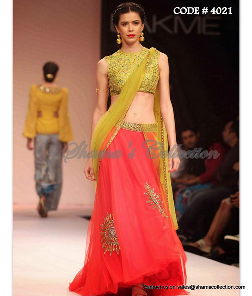 4021 Pear yellow-coral red lehenga