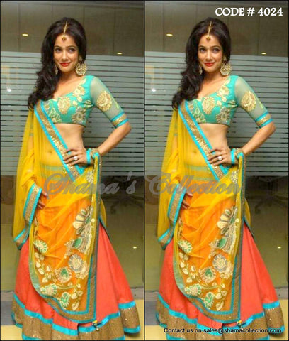 4024 Vidya Malvade's coral-sky blue-yellow lehenga