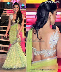 4059 Shriya Saran's green-pink fishcut lehenga