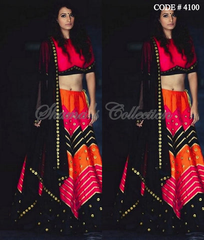 4100 Geometric black-pink-orange lehenga set