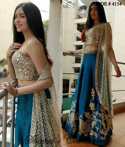 4154 Adah Sharma in Blue Beige Jacket Lengha