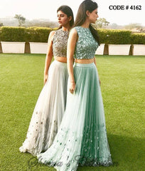 4162 Mint/Grey Cutwork Floral Croptop Lengha